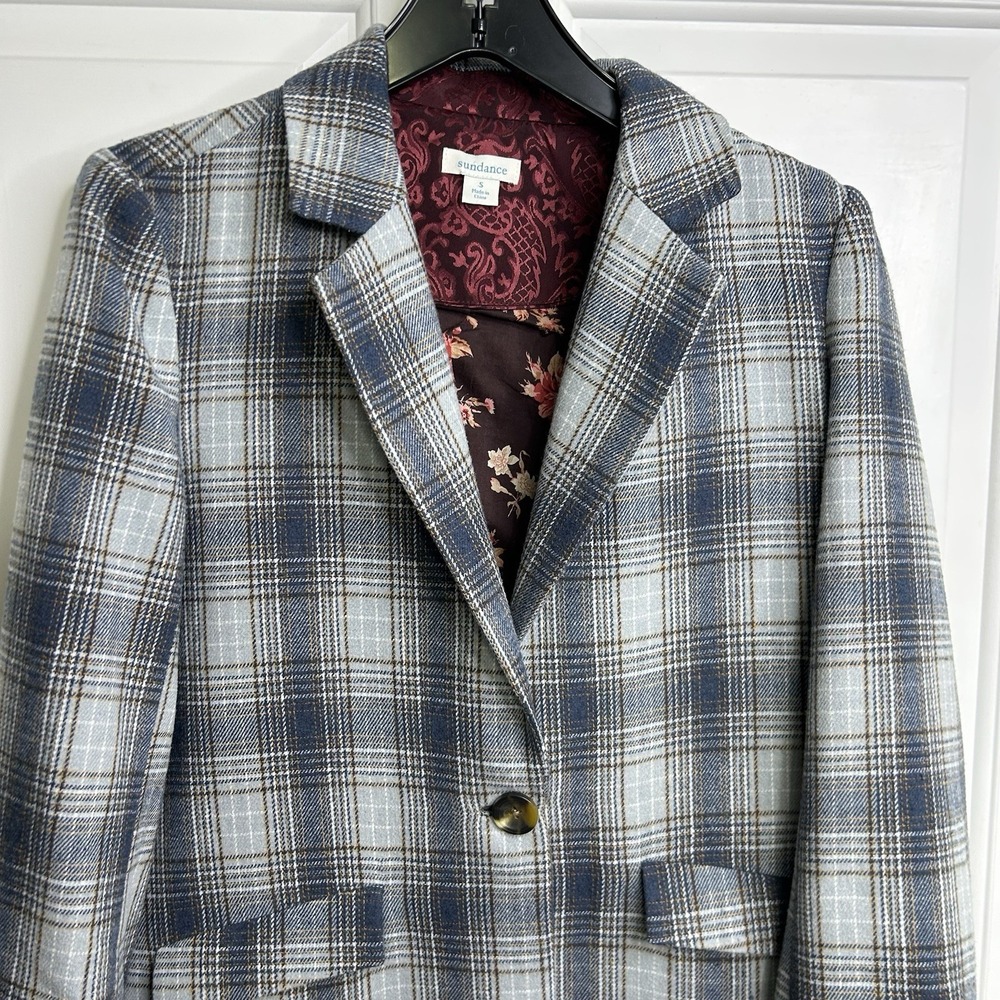 Sundance ANNIE Fall Plaid LONG Jacket Womens Small Wool Blend Lightweight Blue - Picture 2 of 12